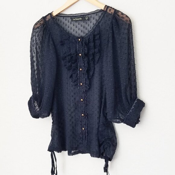 La Chapelle Navy Blue Sheer Chiffon Ruffle Batwing Blouse Top Romantic Coquette - Picture 2 of 15